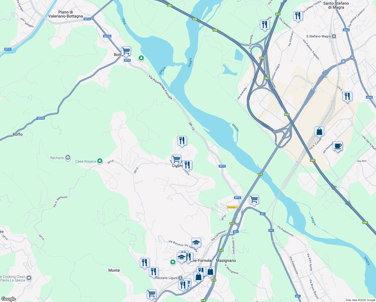 map of restaurants, bars, coffee shops, grocery stores, and more near 1 Via dello Spiaggio in Vezzano Ligure