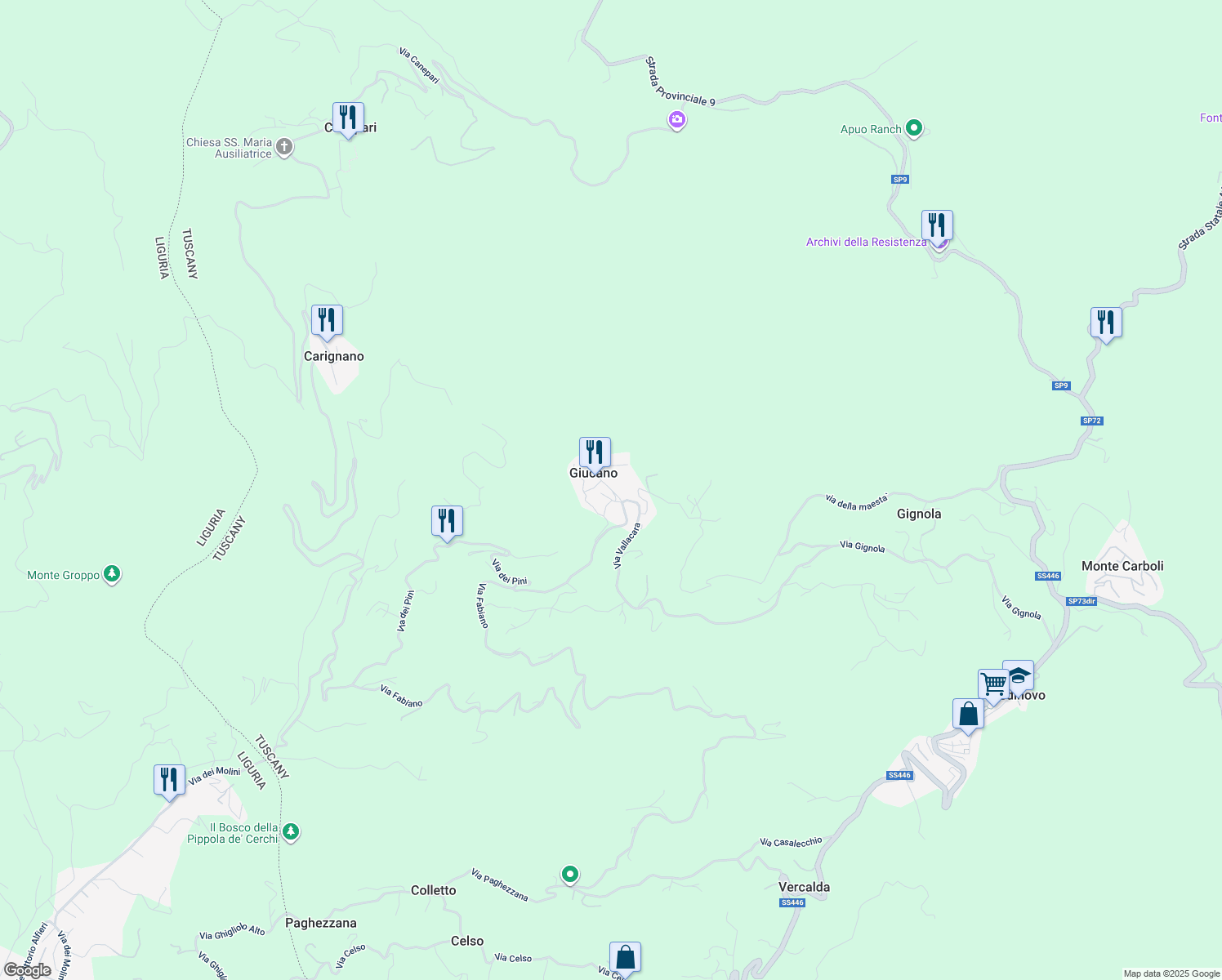 map of restaurants, bars, coffee shops, grocery stores, and more near 9 Via degli Orti in Giucano
