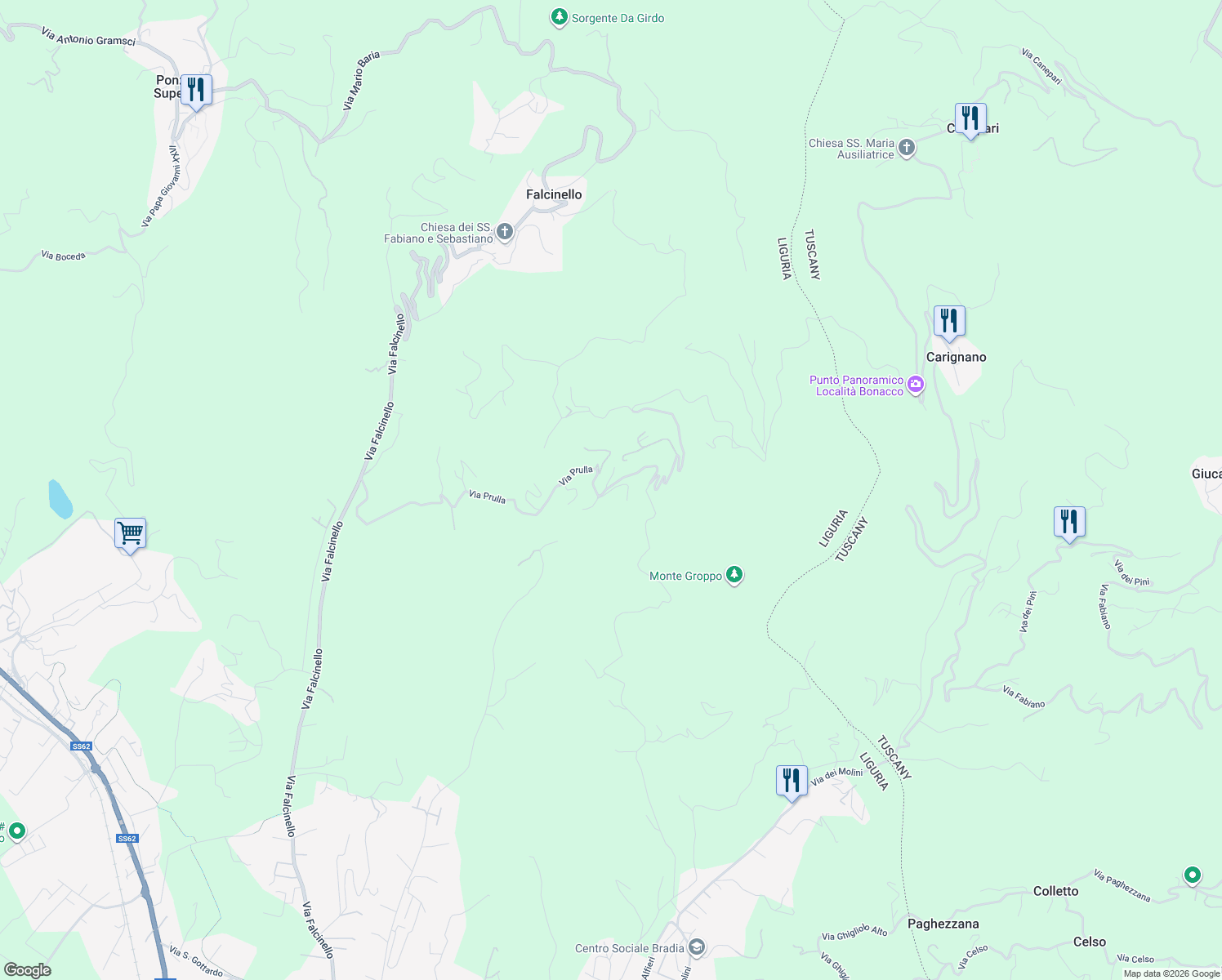 map of restaurants, bars, coffee shops, grocery stores, and more near 27 Via Prulla in Provincia della Spezia