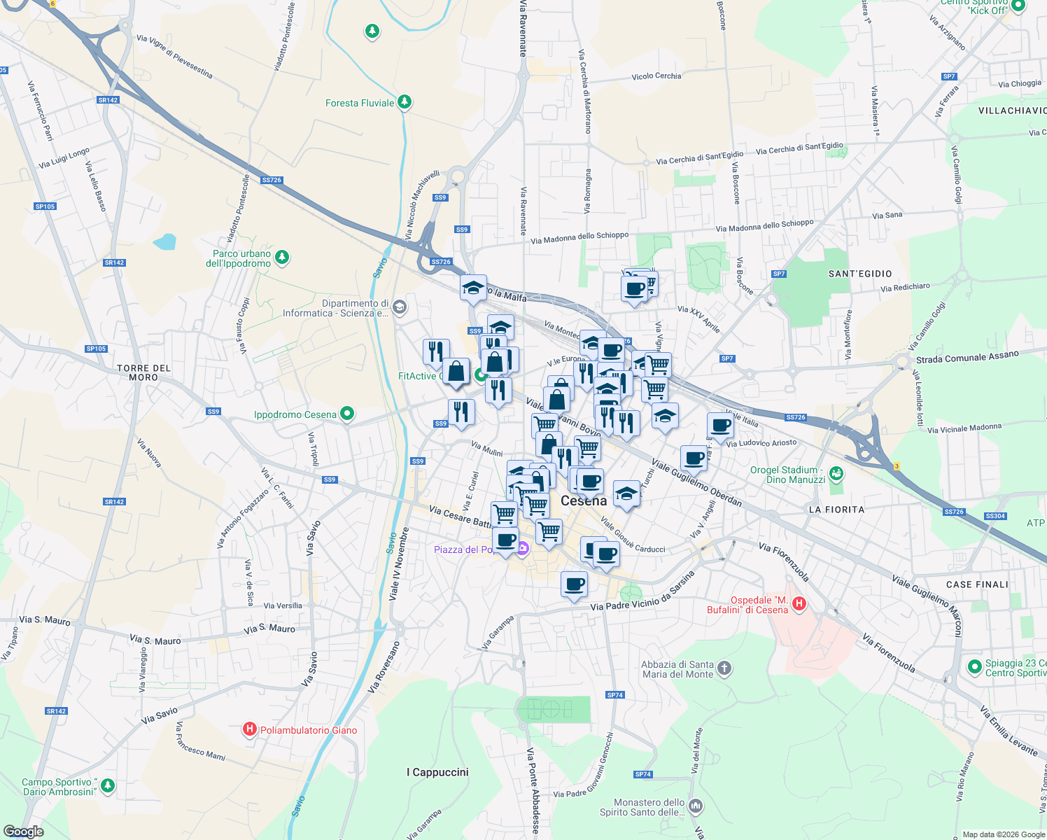 map of restaurants, bars, coffee shops, grocery stores, and more near 55 Sobborgo Federico Comandini in Cesena