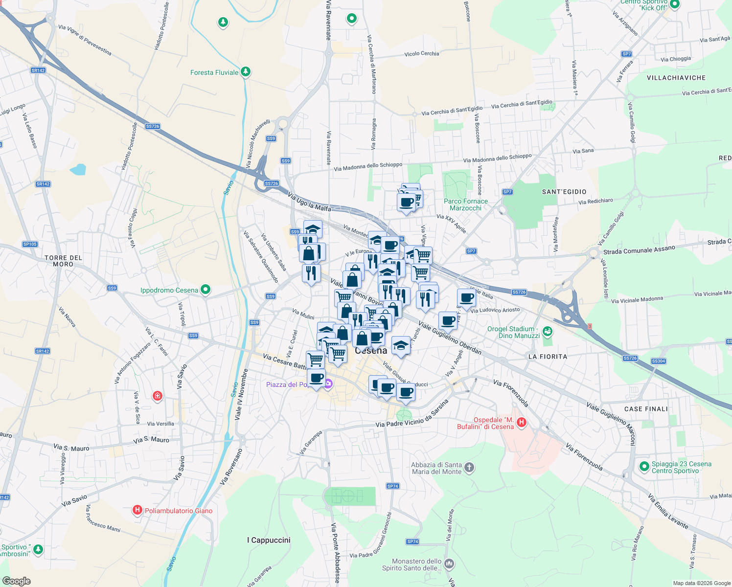map of restaurants, bars, coffee shops, grocery stores, and more near 259 Via Mario Angeloni in Cesena