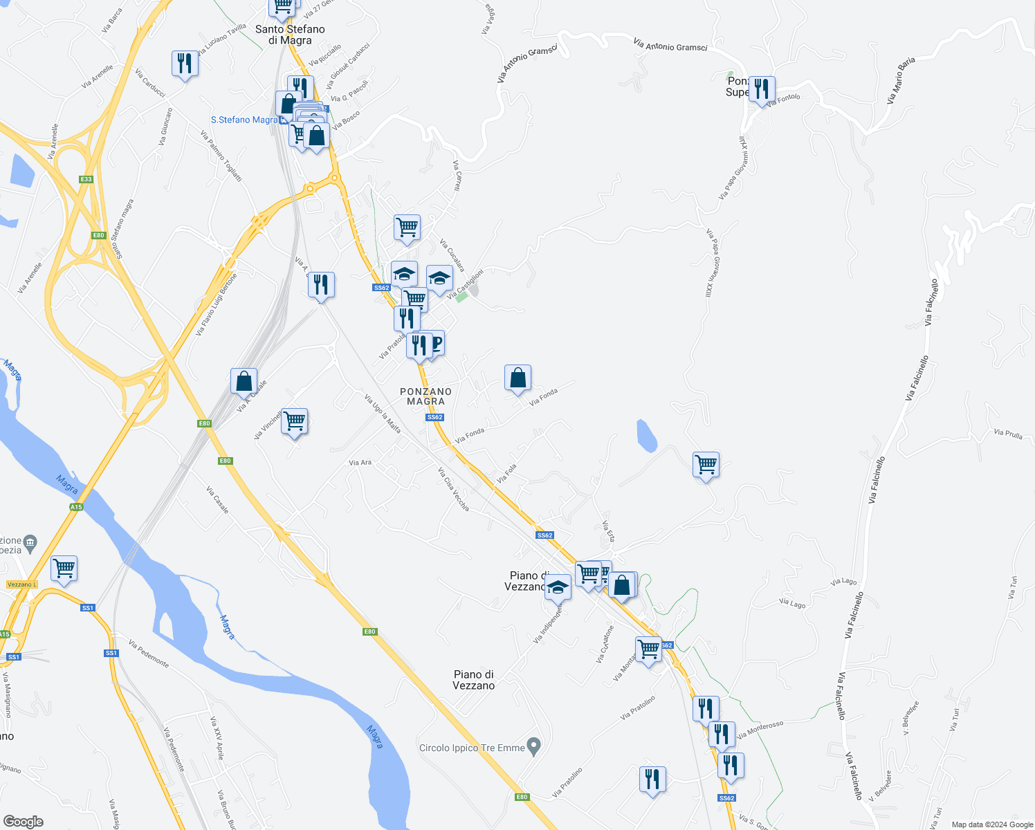 map of restaurants, bars, coffee shops, grocery stores, and more near 28 Via Fonda in Santo Stefano di Magra