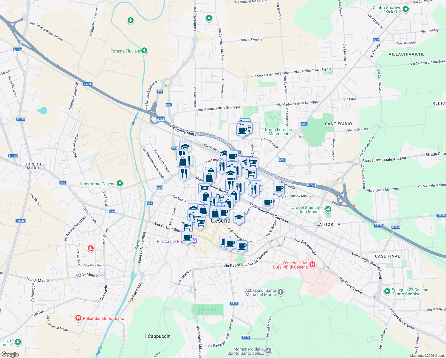map of restaurants, bars, coffee shops, grocery stores, and more near 259 Viale Mario Angeloni in Cesena