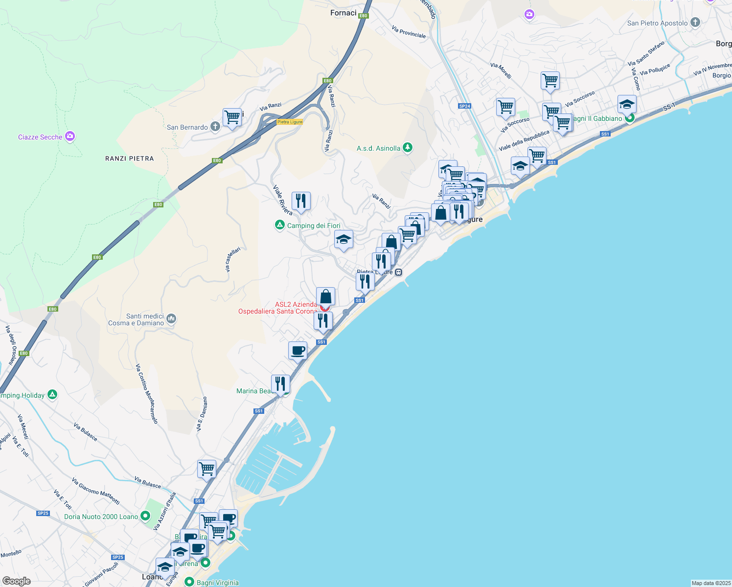 map of restaurants, bars, coffee shops, grocery stores, and more near Via XXV Aprile in Pietra Ligure