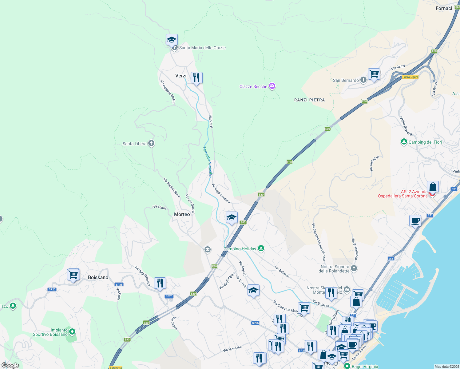map of restaurants, bars, coffee shops, grocery stores, and more near 68 Via degli Orsolani in Loano