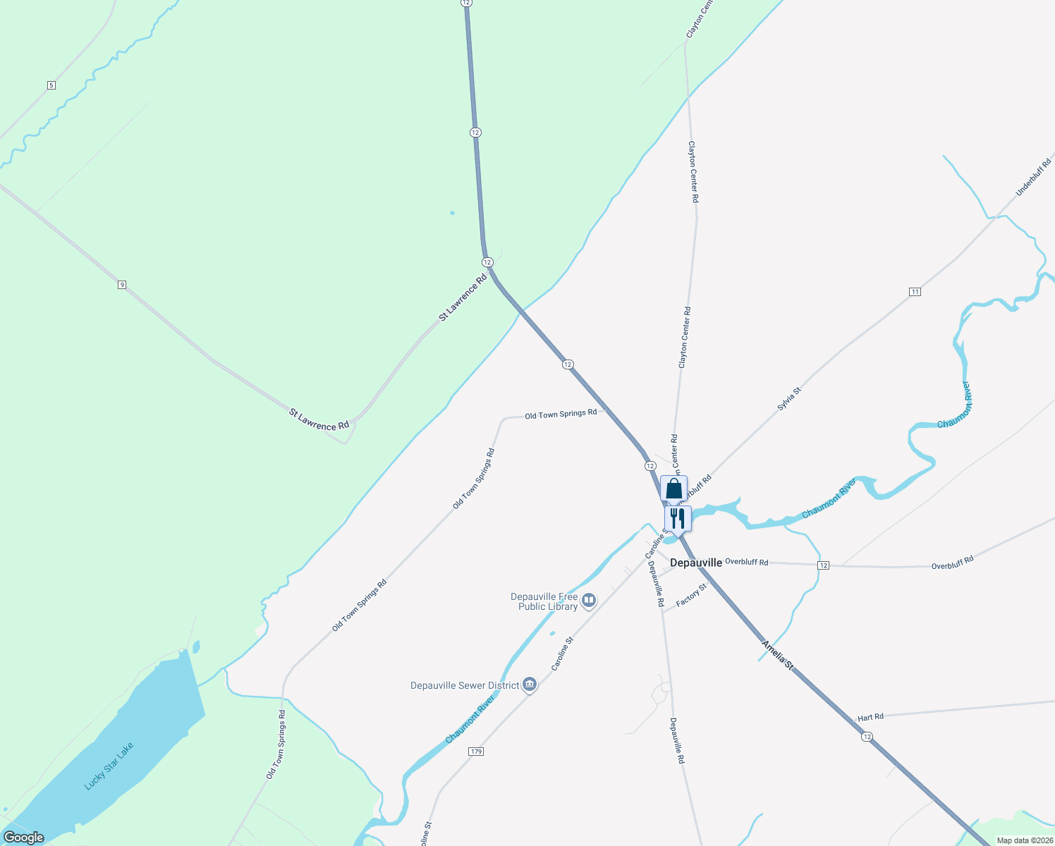 map of restaurants, bars, coffee shops, grocery stores, and more near 32886 Old Town Springs Road in Chaumont