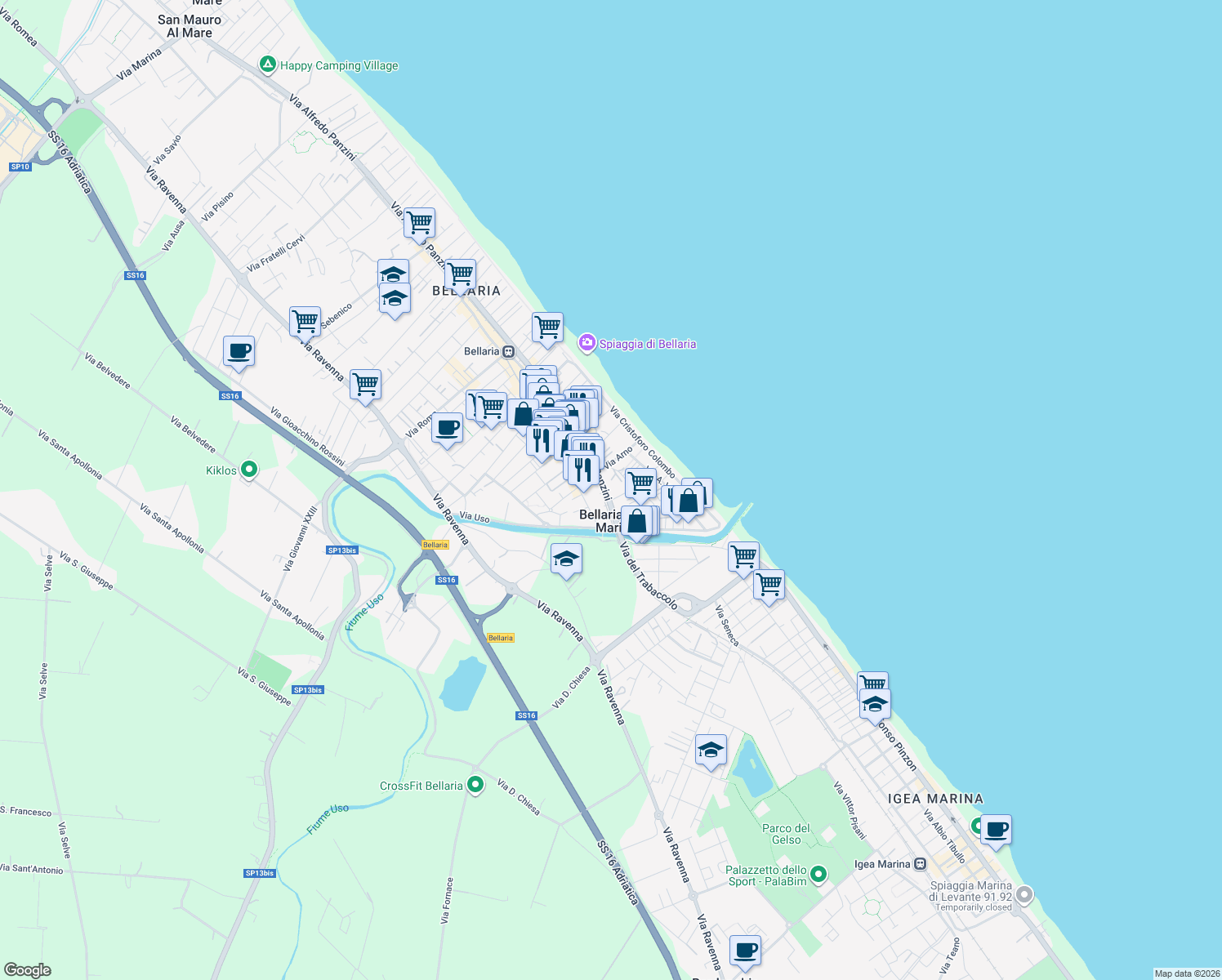 map of restaurants, bars, coffee shops, grocery stores, and more near 9A Via Alfredo Panzini in Igea Marina