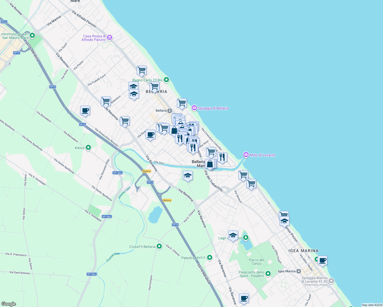 map of restaurants, bars, coffee shops, grocery stores, and more near 8 Via Arno in Bellaria