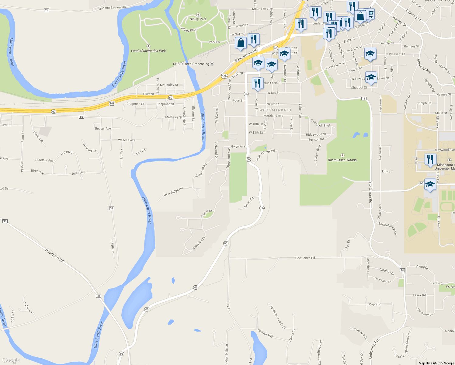 map of restaurants, bars, coffee shops, grocery stores, and more near 1715 Woodland Avenue in Mankato
