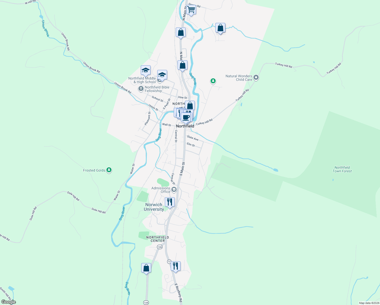 map of restaurants, bars, coffee shops, grocery stores, and more near 50 Prospect St in Northfield