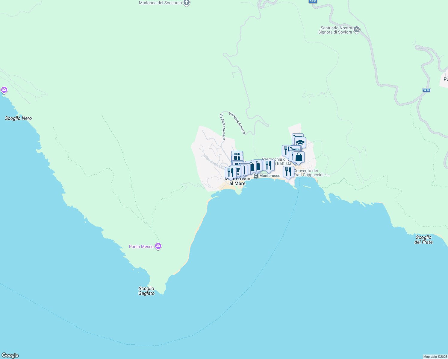 map of restaurants, bars, coffee shops, grocery stores, and more near 118 Via IV Novembre in Monterosso al Mare