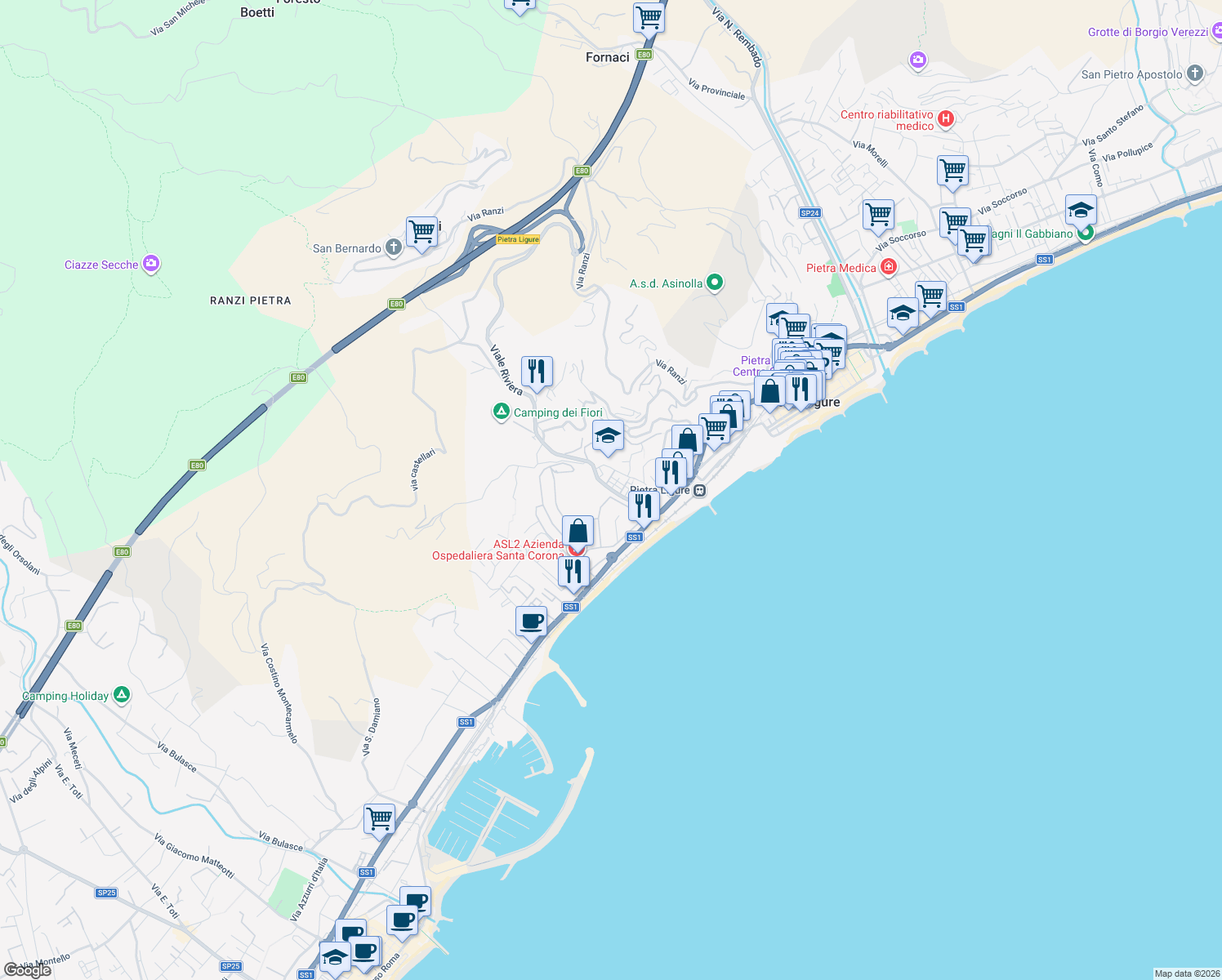 map of restaurants, bars, coffee shops, grocery stores, and more near 38 Viale 25 Aprile in Pietra Ligure