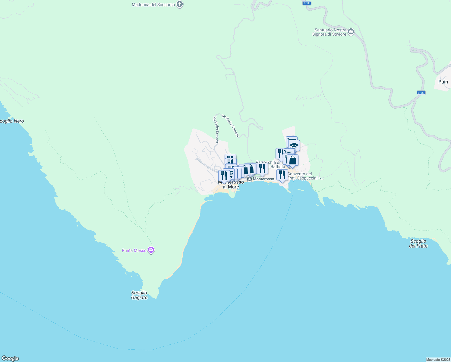map of restaurants, bars, coffee shops, grocery stores, and more near 118 Via IV Novembre in Monterosso Al Mare