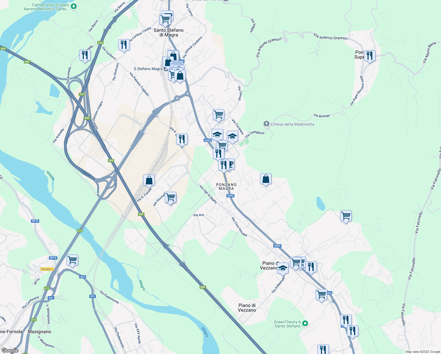 map of restaurants, bars, coffee shops, grocery stores, and more near 390 Via Cisa Sud in Santo Stefano di Magra