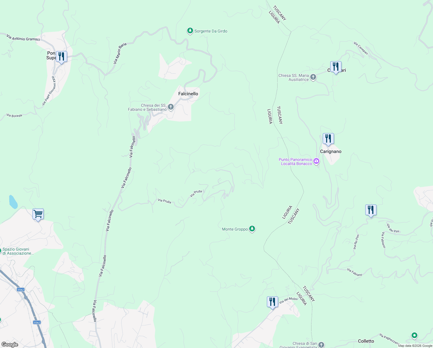map of restaurants, bars, coffee shops, grocery stores, and more near 39 Via Prulla in Provincia della Spezia