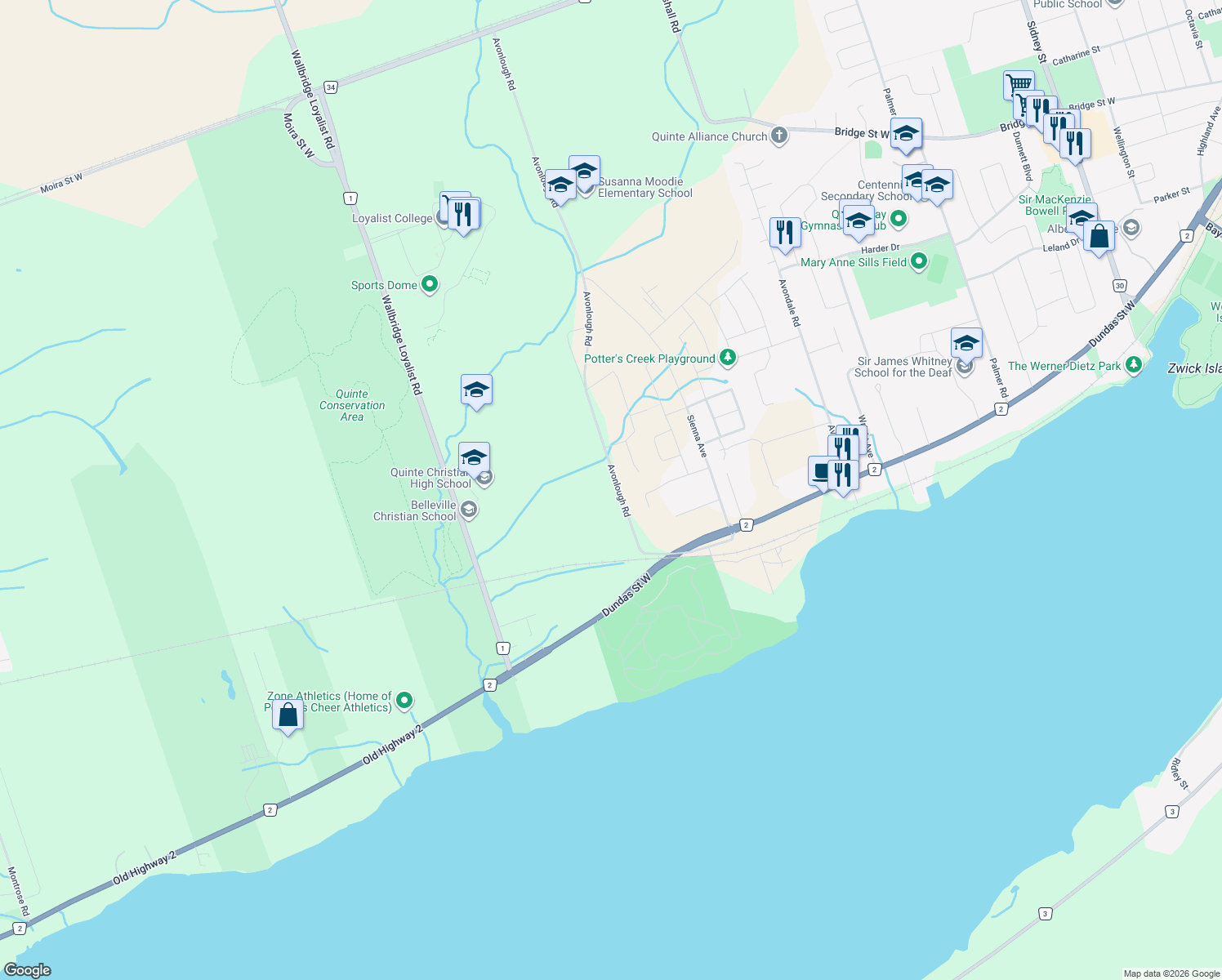 map of restaurants, bars, coffee shops, grocery stores, and more near 143 Avonlough Road in Belleville