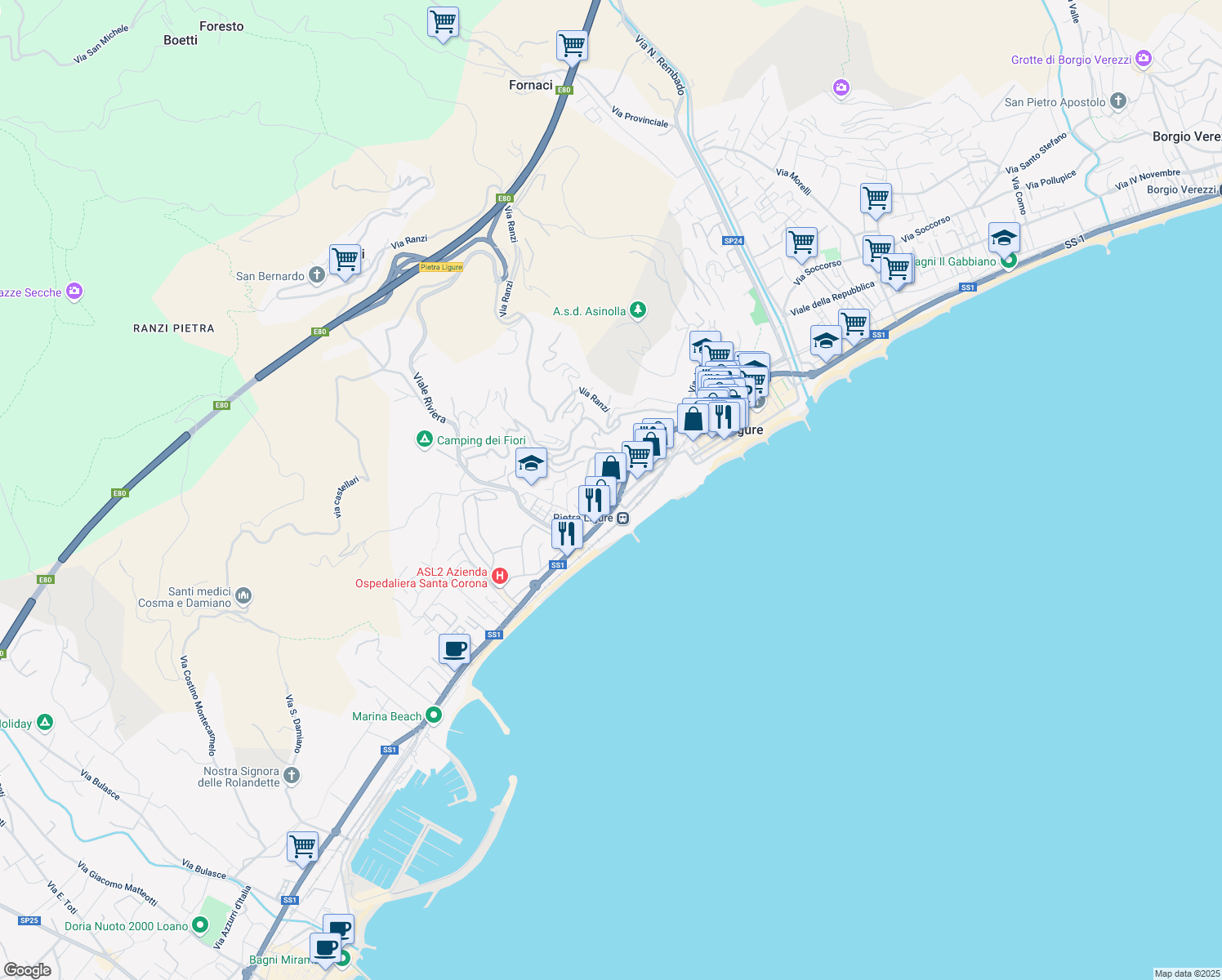 map of restaurants, bars, coffee shops, grocery stores, and more near 32 Piazza San Rocco in Pietra Ligure