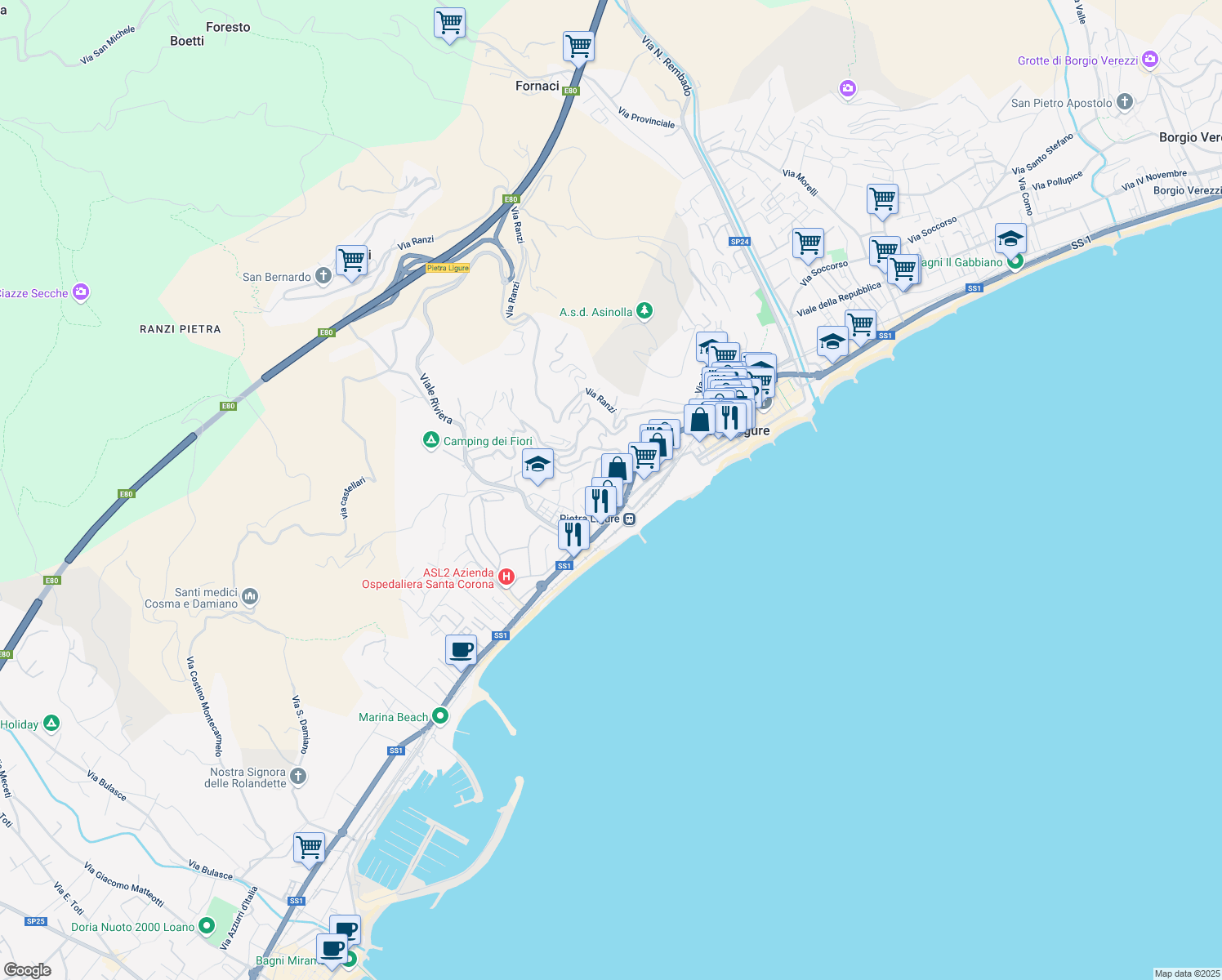 map of restaurants, bars, coffee shops, grocery stores, and more near 32 Piazza San Rocco in Pietra Ligure