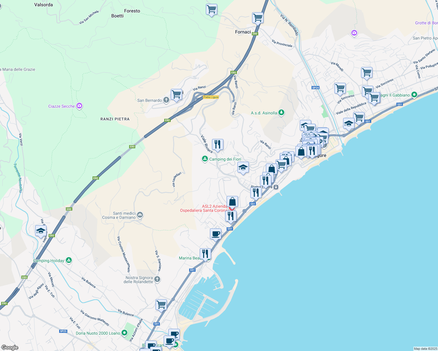 map of restaurants, bars, coffee shops, grocery stores, and more near 3 Via Felice Cascione in Pietra Ligure