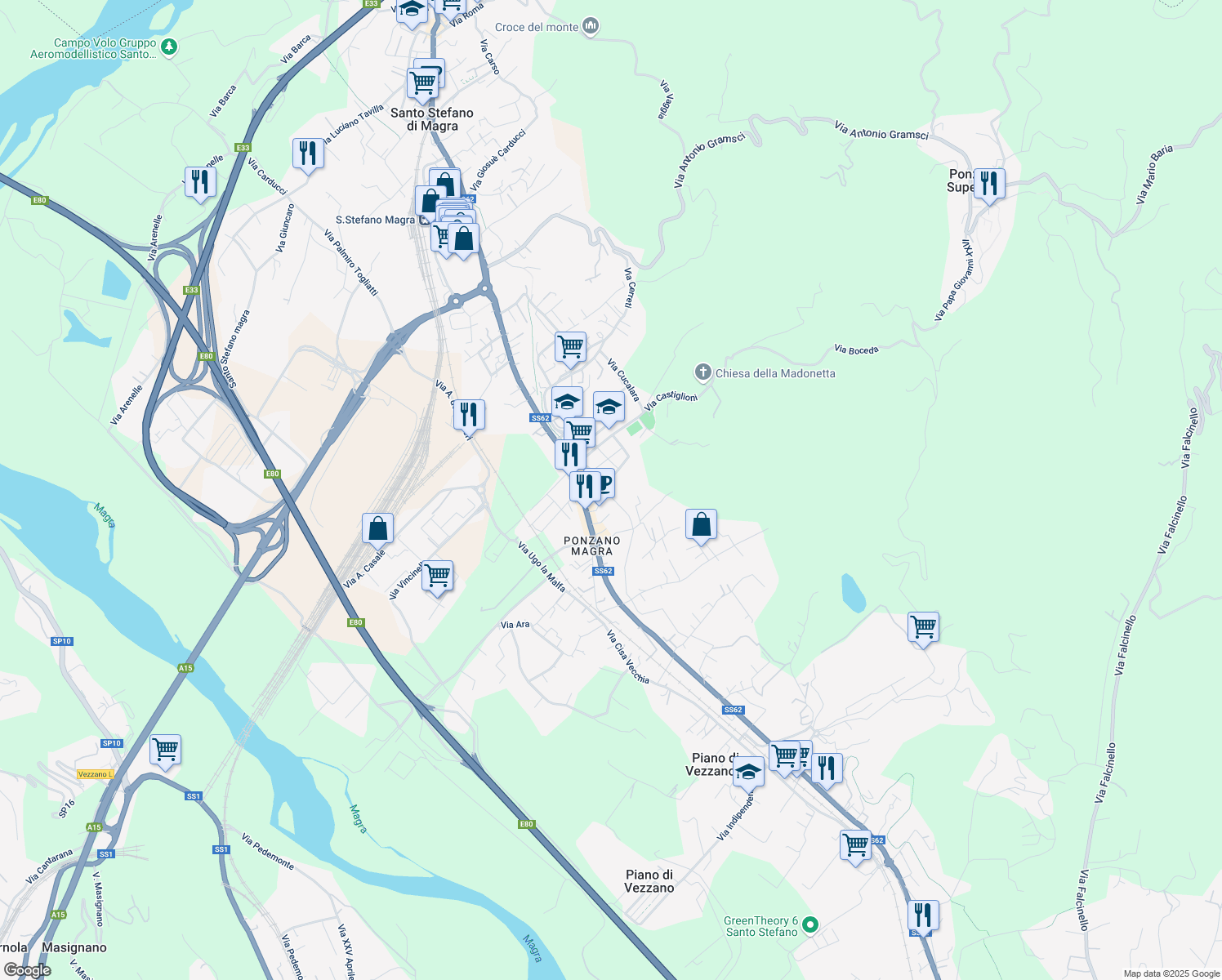 map of restaurants, bars, coffee shops, grocery stores, and more near 15 Via Venezia in Santo Stefano di Magra