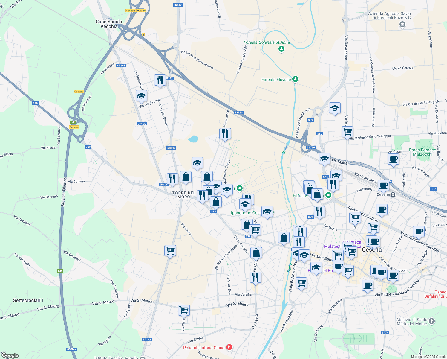 map of restaurants, bars, coffee shops, grocery stores, and more near 251 Via Fausto Coppi in Cesena