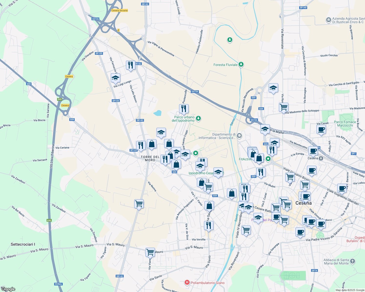 map of restaurants, bars, coffee shops, grocery stores, and more near 251 Via Fausto Coppi in Cesena