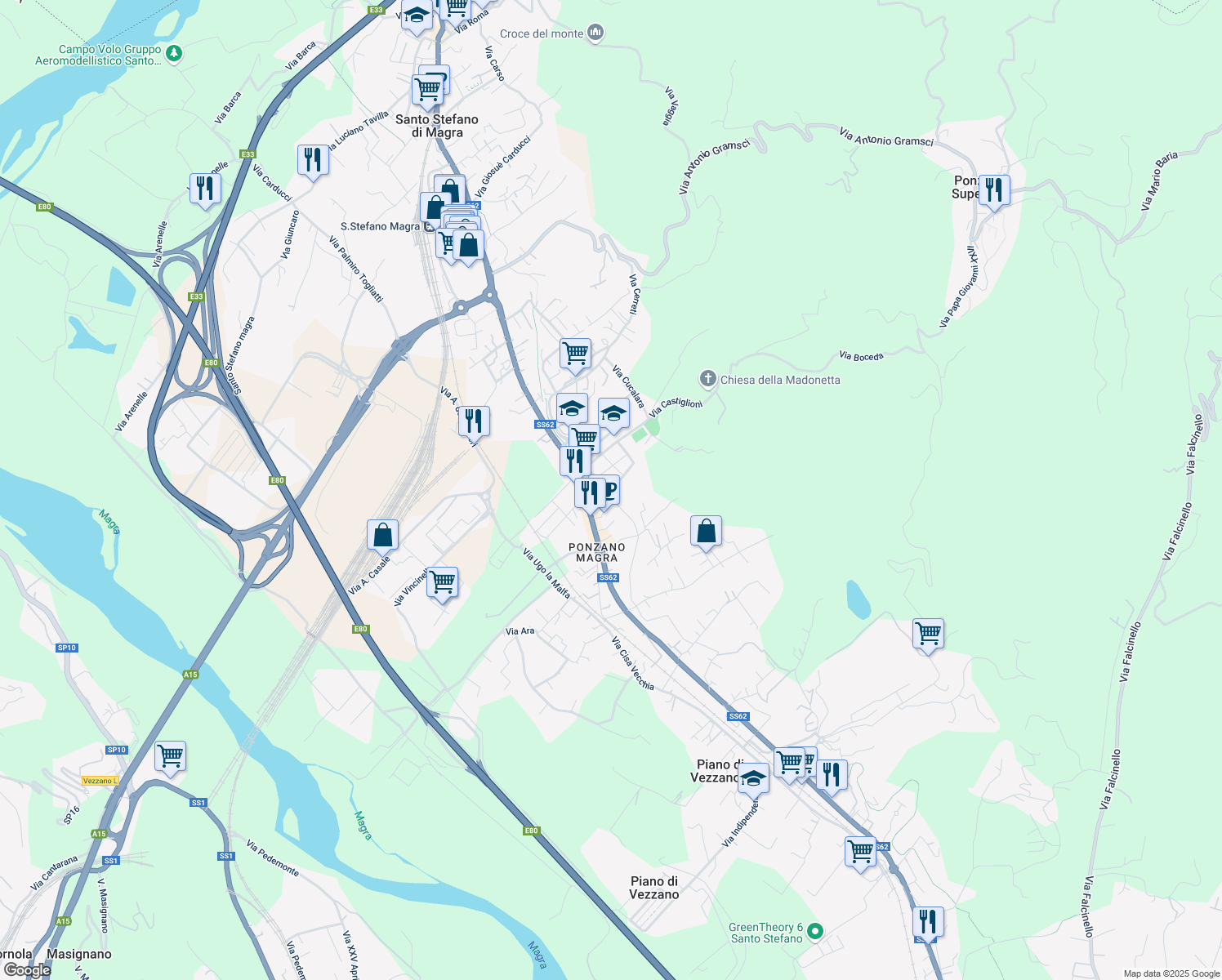 map of restaurants, bars, coffee shops, grocery stores, and more near 15 Via Venezia in Santo Stefano di Magra