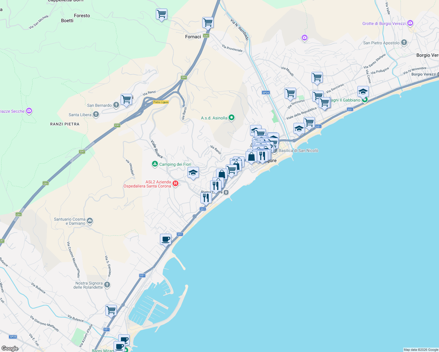 map of restaurants, bars, coffee shops, grocery stores, and more near 32 Piazza San Rocco in Pietra Ligure