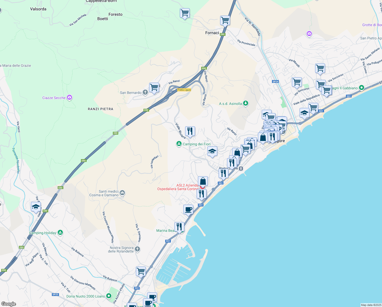 map of restaurants, bars, coffee shops, grocery stores, and more near 3 Via Felice Cascione in Pietra Ligure