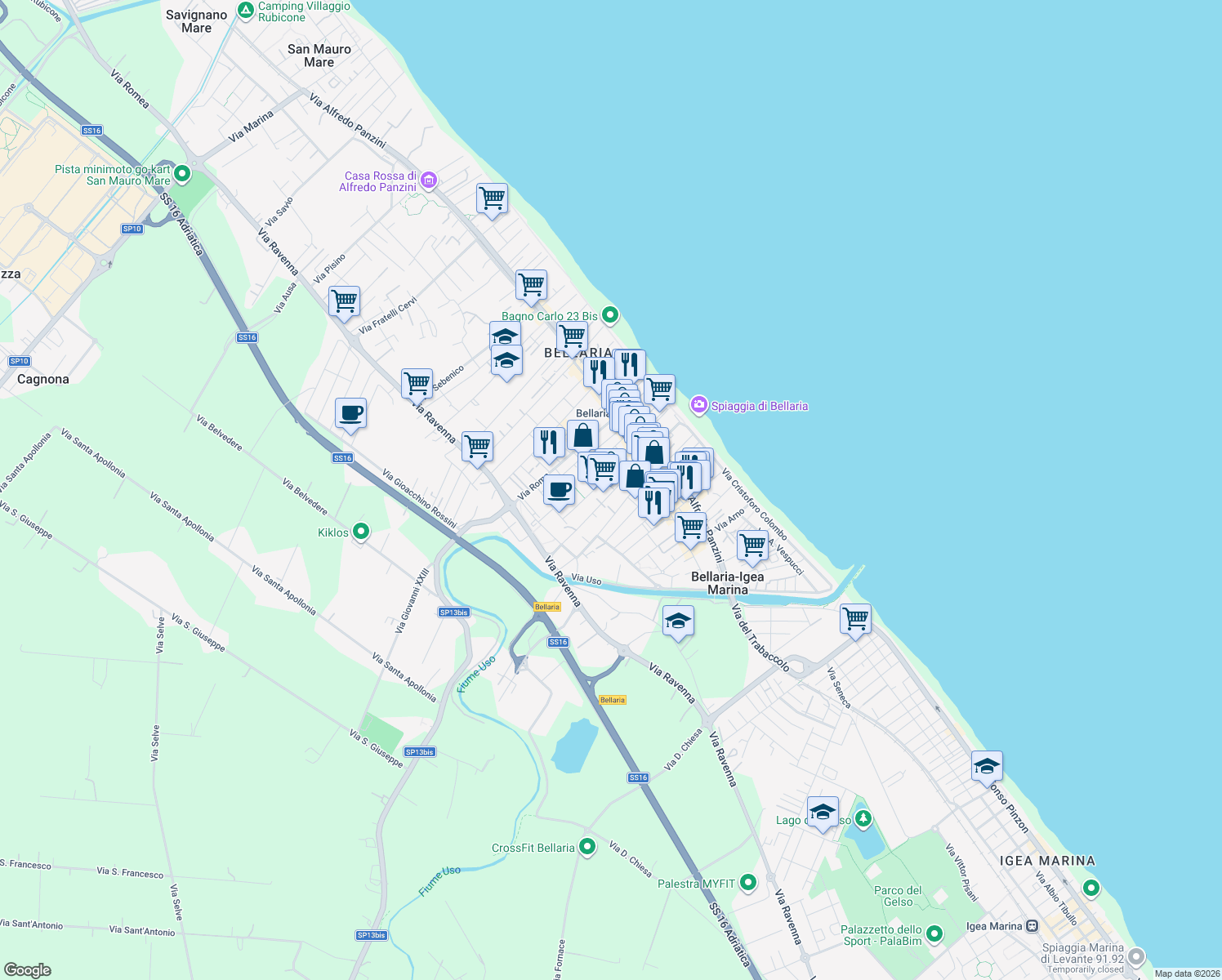 map of restaurants, bars, coffee shops, grocery stores, and more near 9 Via Adolfo Albertazzi in Igea Marina