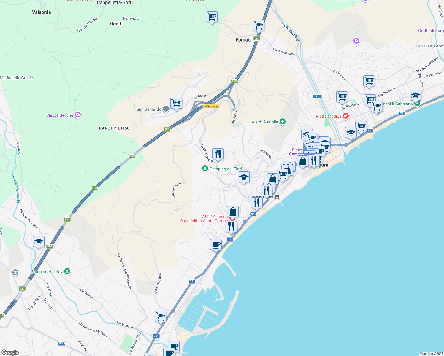 map of restaurants, bars, coffee shops, grocery stores, and more near 9 Via Moilastrini in Pietra Ligure