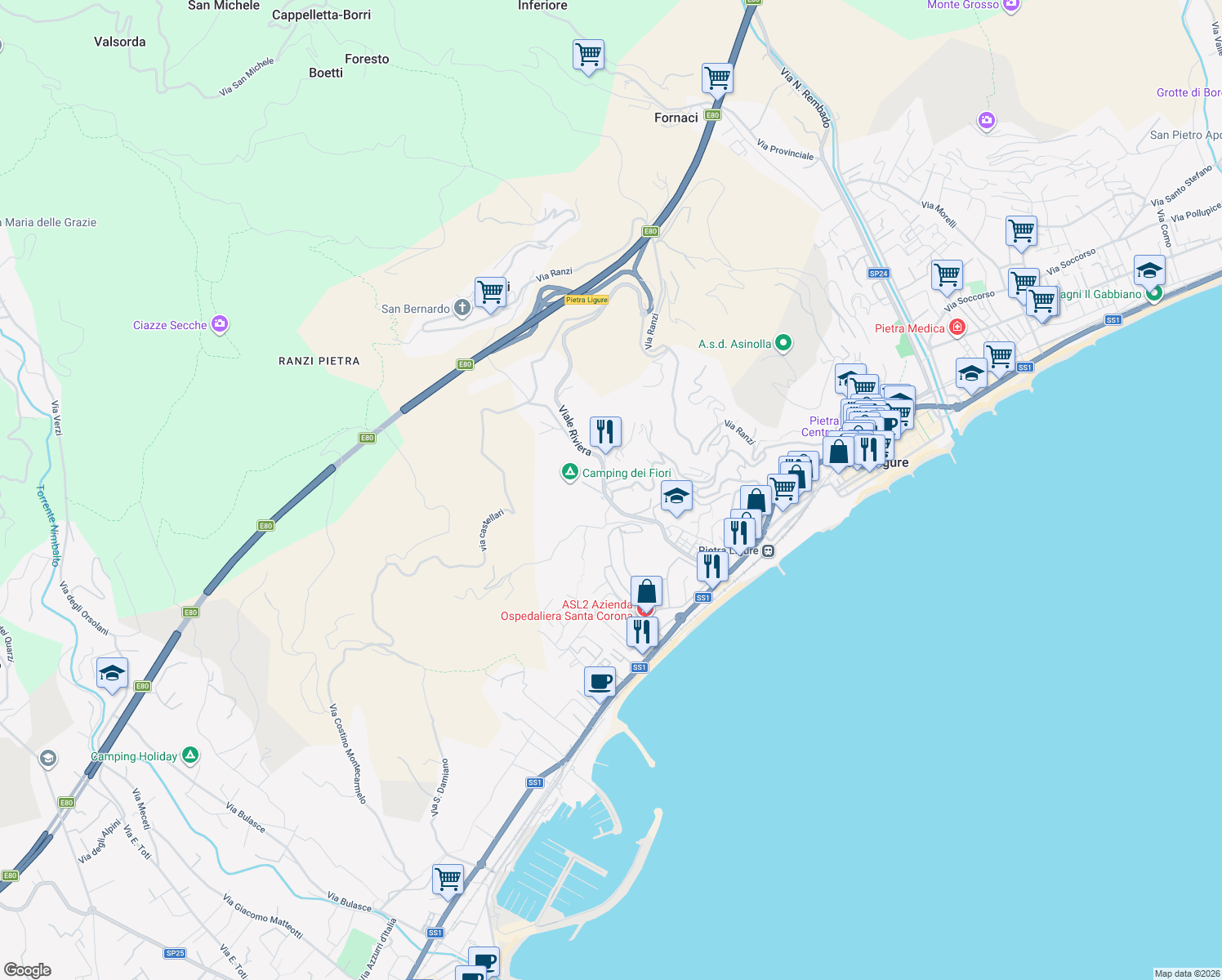 map of restaurants, bars, coffee shops, grocery stores, and more near 9 Via Moilastrini in Pietra Ligure