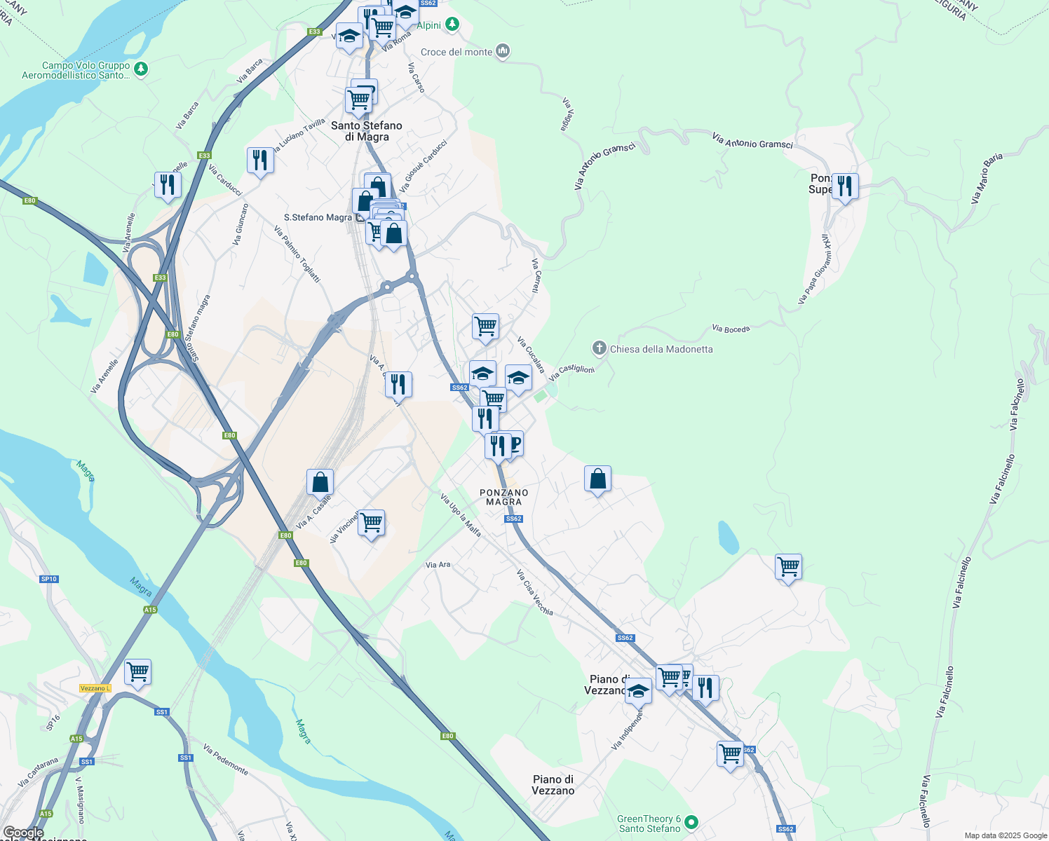 map of restaurants, bars, coffee shops, grocery stores, and more near 5 Via Torino in Santo Stefano di Magra