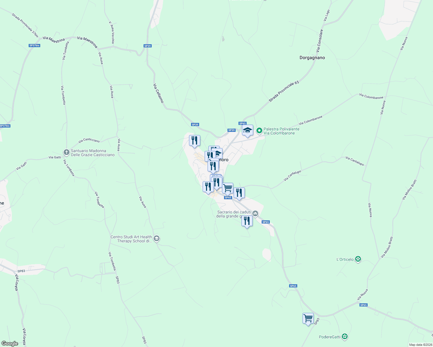 map of restaurants, bars, coffee shops, grocery stores, and more near Strada Provinciale 65 in Bertinoro