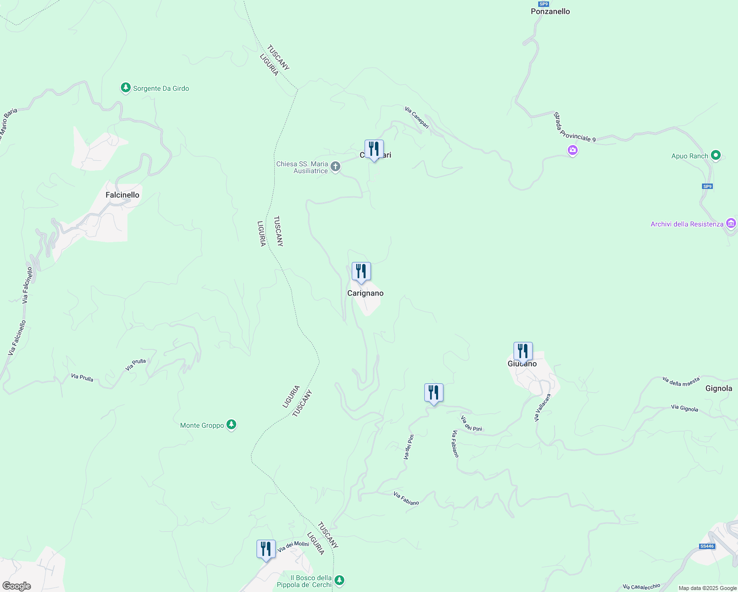 map of restaurants, bars, coffee shops, grocery stores, and more near 27 Via Carignano in Carignano