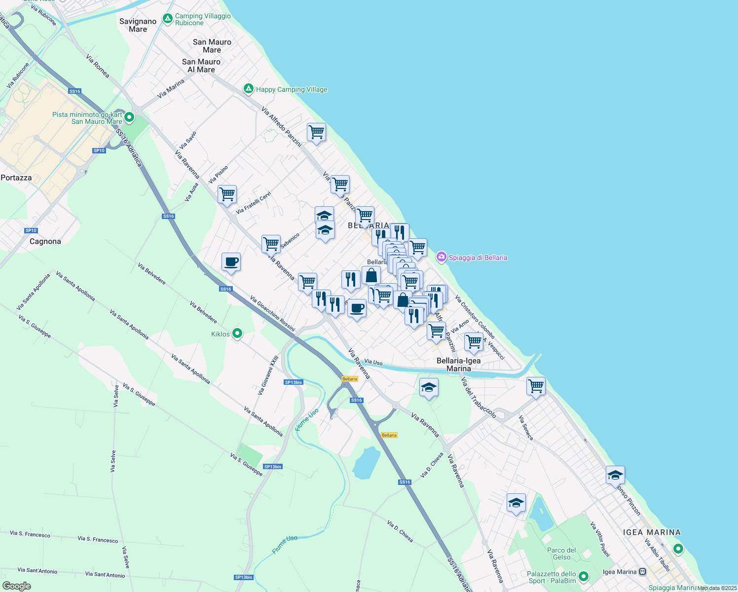 map of restaurants, bars, coffee shops, grocery stores, and more near 9 Piazza del Popolo in Bellaria