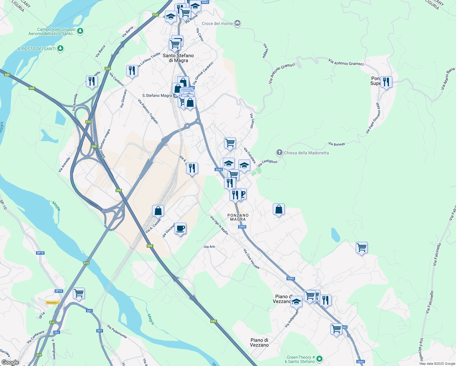 map of restaurants, bars, coffee shops, grocery stores, and more near 290 Strada Regionale 62 in Santo Stefano di Magra