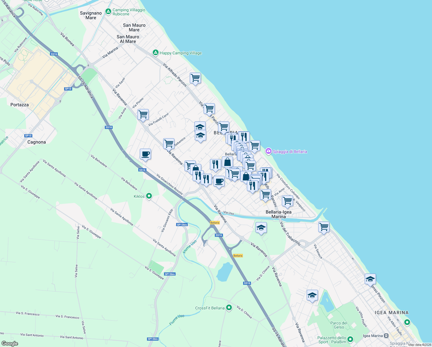 map of restaurants, bars, coffee shops, grocery stores, and more near 44 Via Roma in Bellaria-Igea Marina