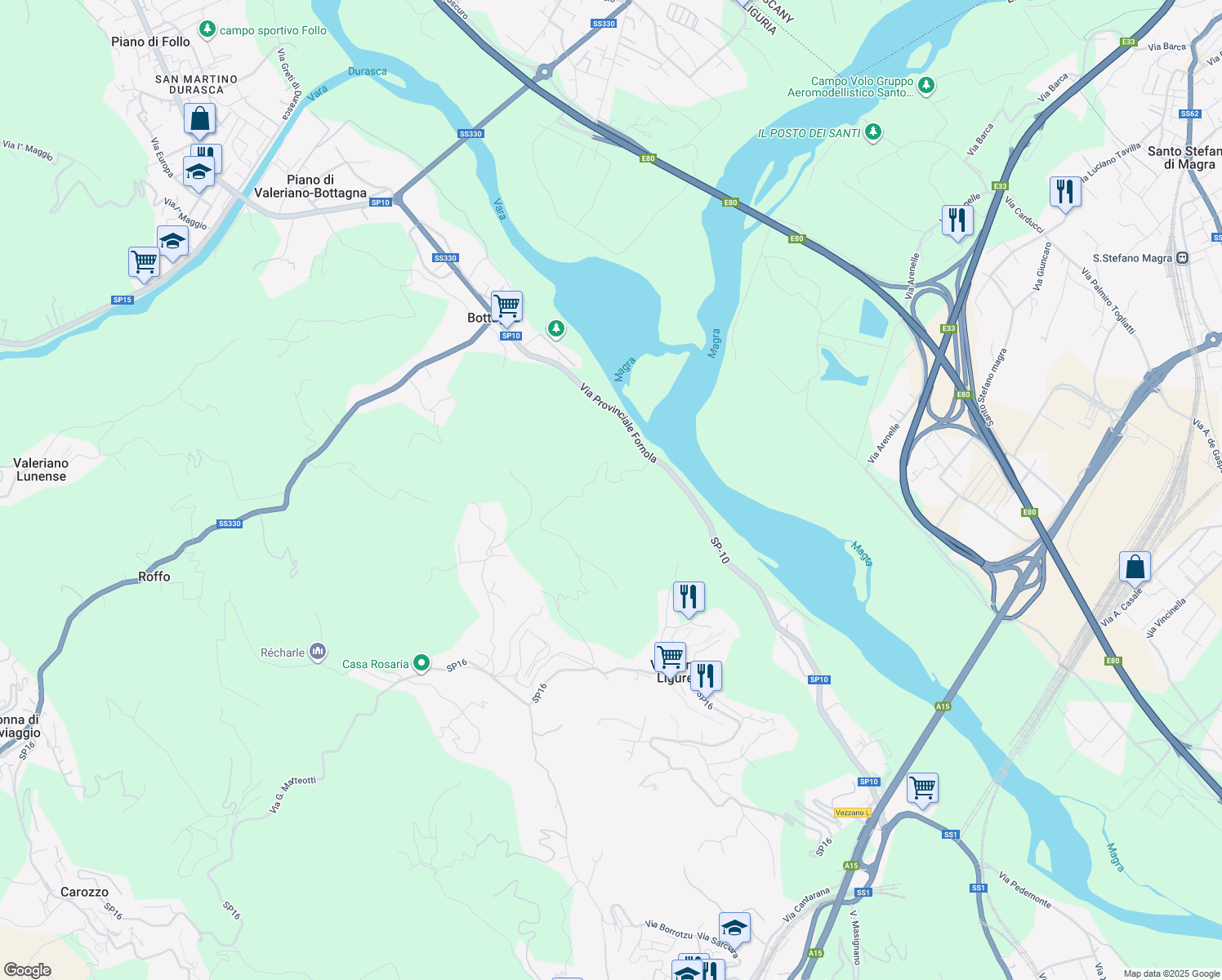 map of restaurants, bars, coffee shops, grocery stores, and more near 5 Via Montebuono in Provincia della Spezia