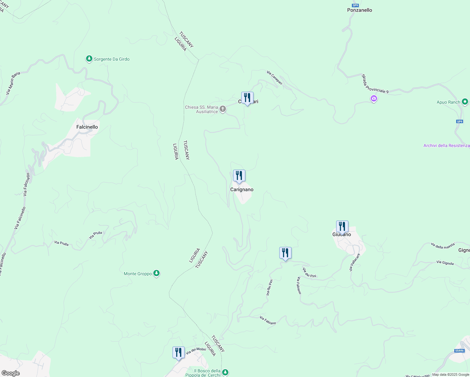 map of restaurants, bars, coffee shops, grocery stores, and more near 70 Via Carignano in Carignano