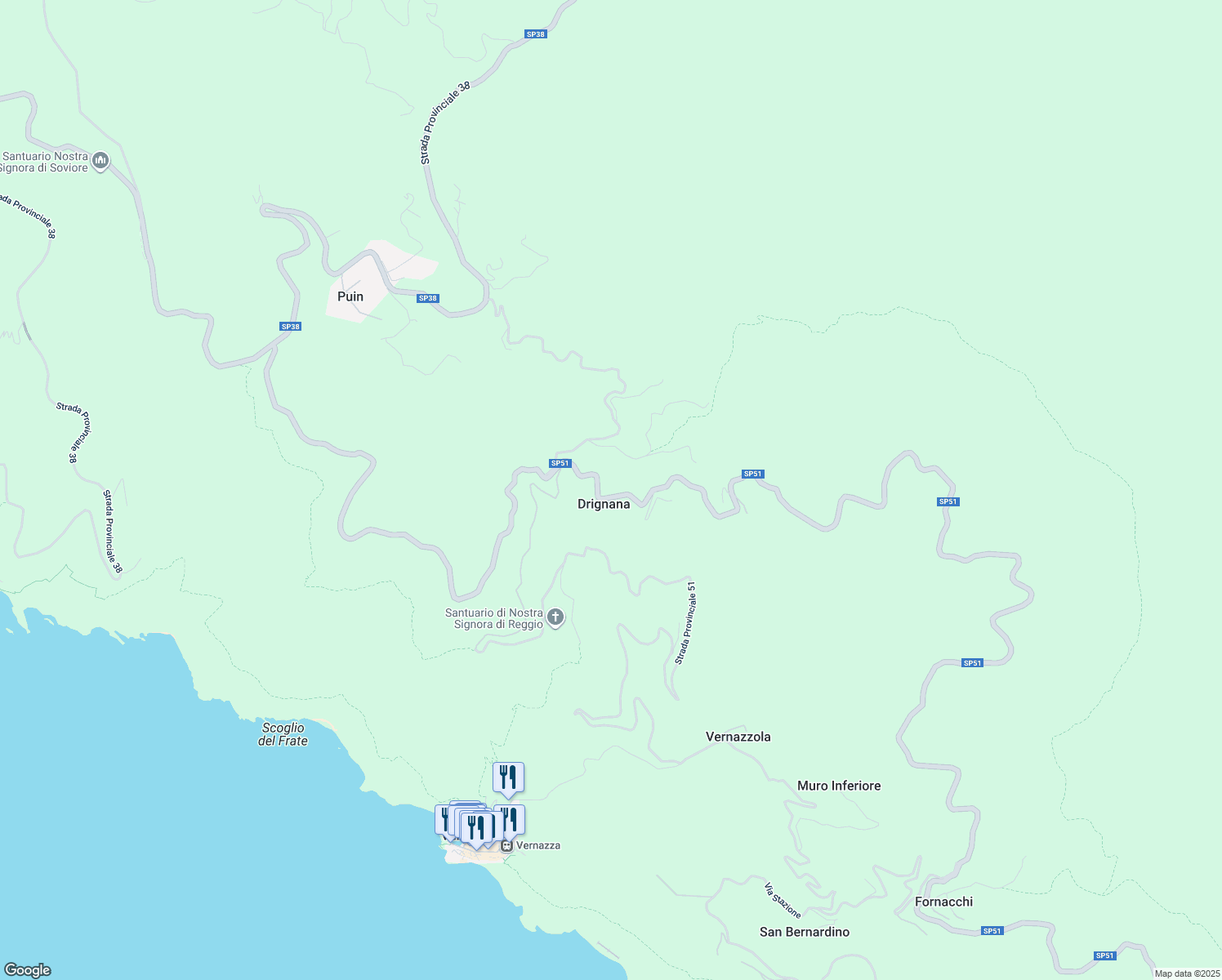 map of restaurants, bars, coffee shops, grocery stores, and more near Strada Provinciale 51 in Province of La Spezia