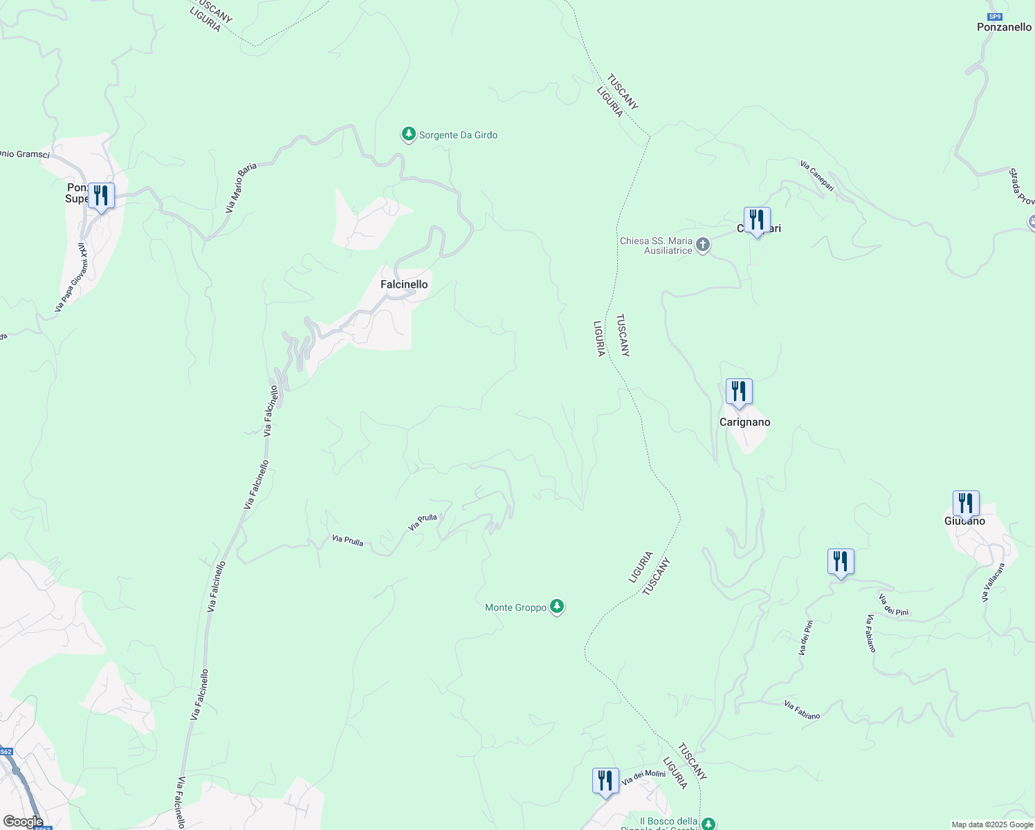 map of restaurants, bars, coffee shops, grocery stores, and more near 1/A Via Prulla in Provincia della Spezia