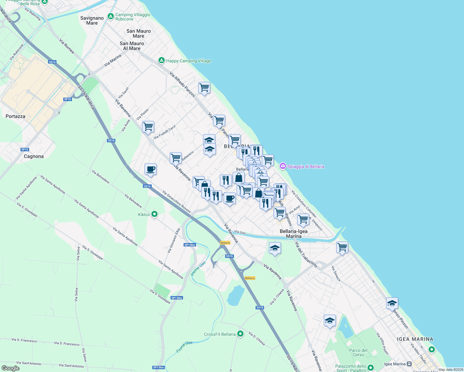 map of restaurants, bars, coffee shops, grocery stores, and more near 44 Via Roma in Igea Marina