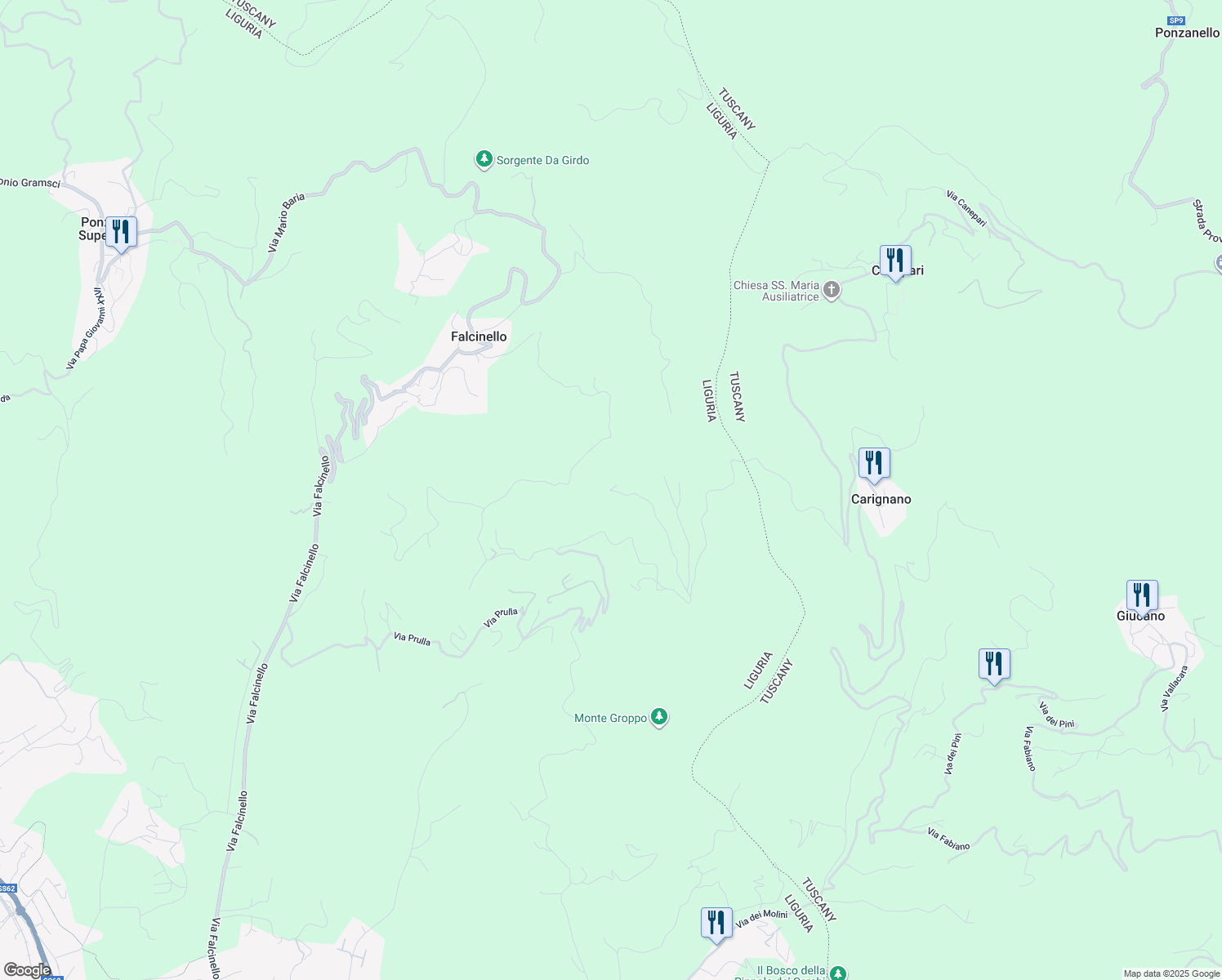 map of restaurants, bars, coffee shops, grocery stores, and more near 1 Via Prulla in Provincia della Spezia
