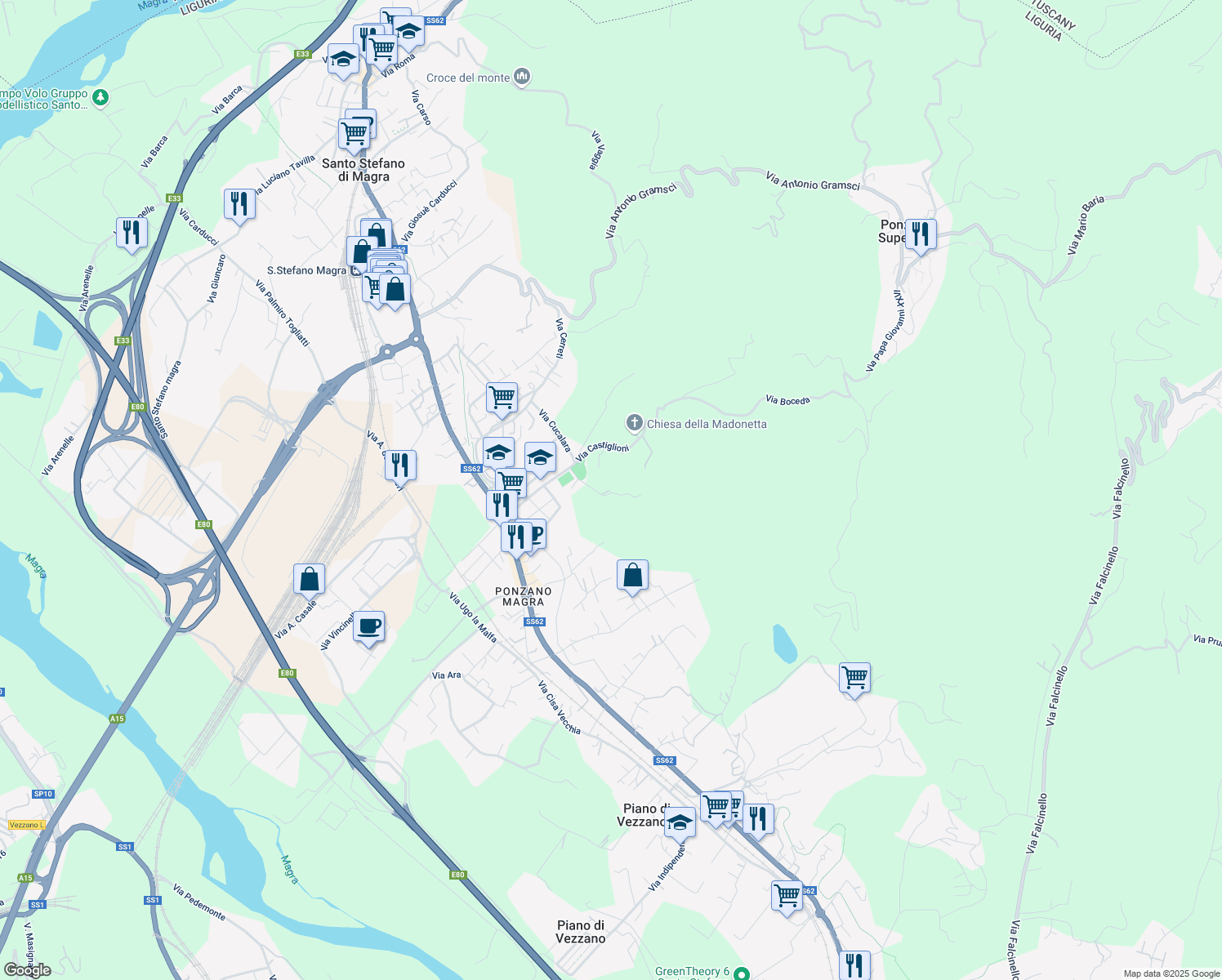 map of restaurants, bars, coffee shops, grocery stores, and more near 40 Via Castiglioni in Santo Stefano di Magra