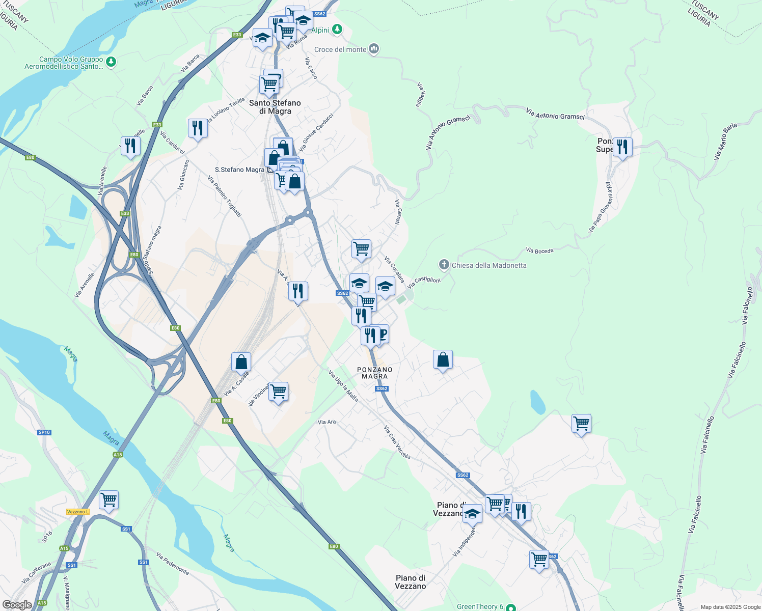 map of restaurants, bars, coffee shops, grocery stores, and more near 5 Via Torino in Santo Stefano di Magra