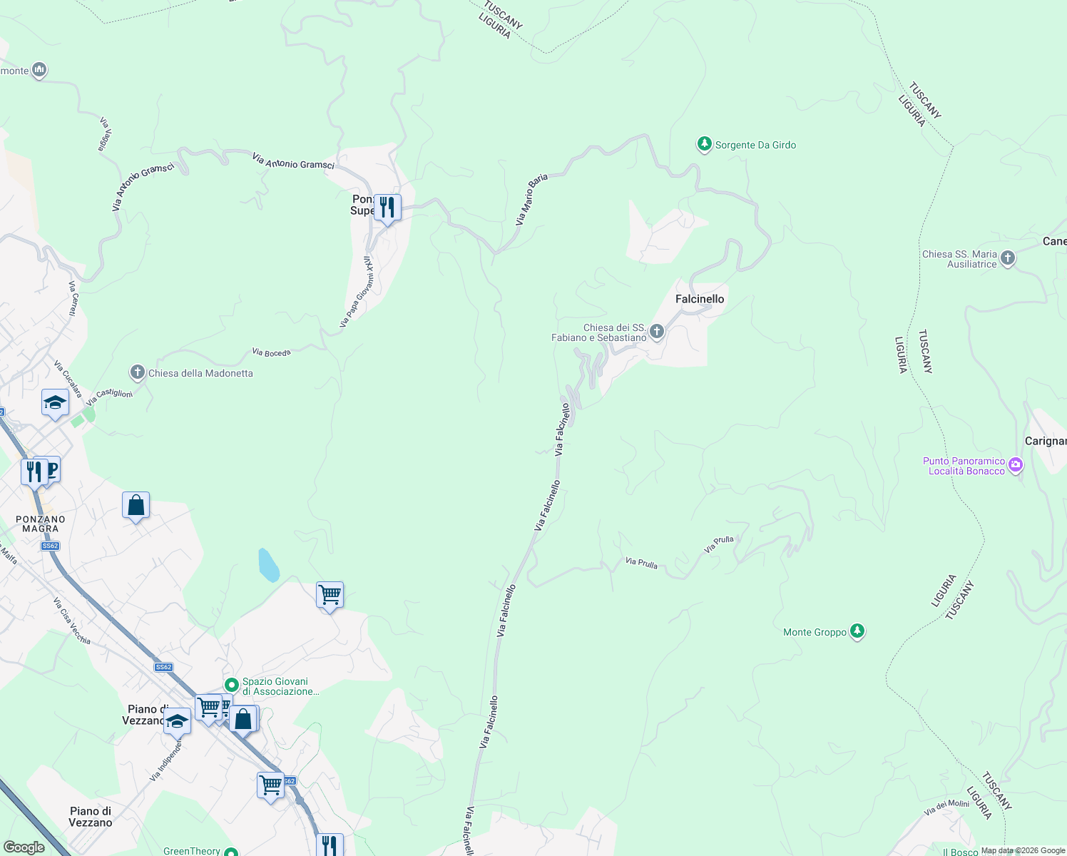 map of restaurants, bars, coffee shops, grocery stores, and more near 250 Via Falcinello in Provincia della Spezia