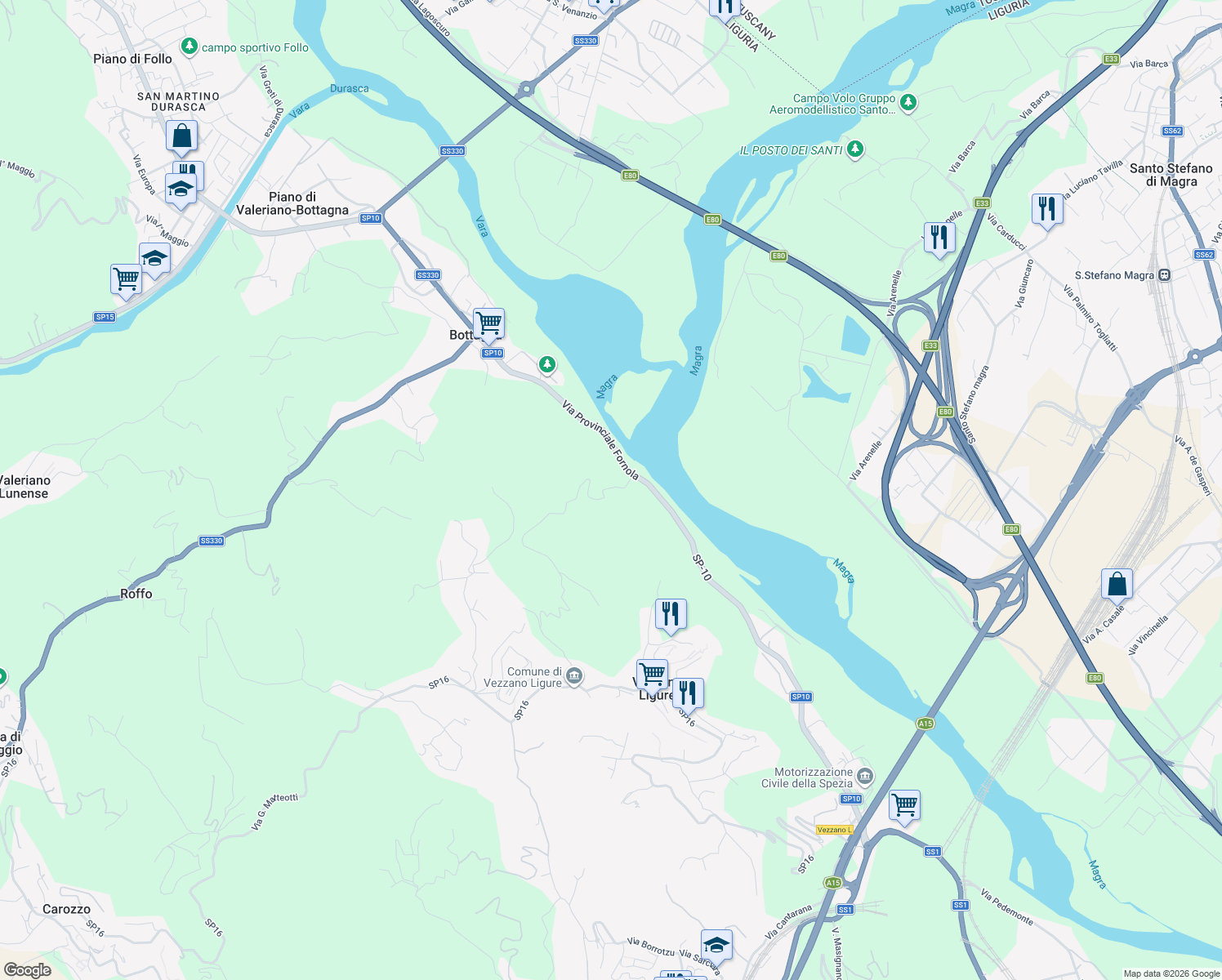 map of restaurants, bars, coffee shops, grocery stores, and more near 1 Via Montebuono in Provincia della Spezia