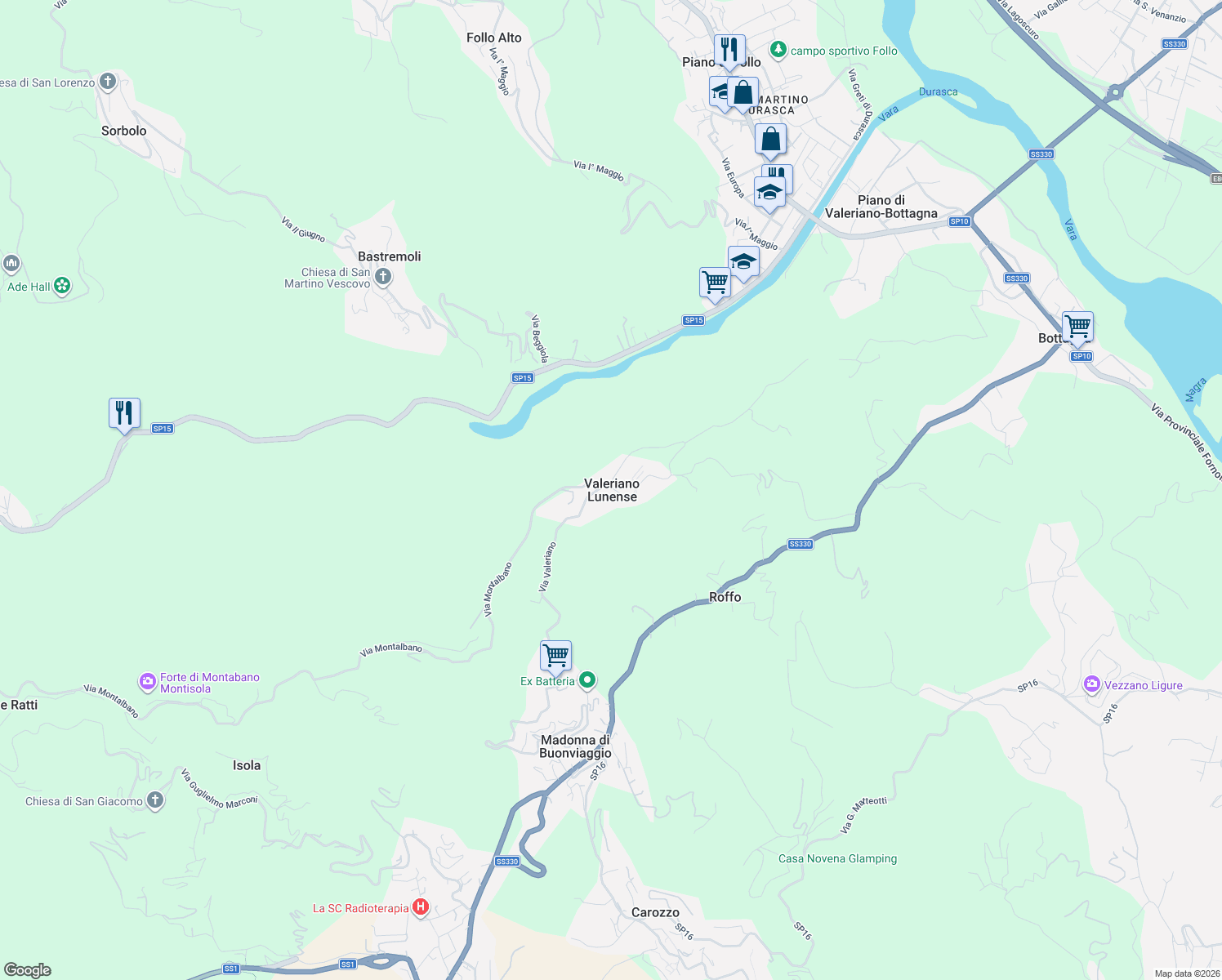 map of restaurants, bars, coffee shops, grocery stores, and more near 7 Via Tassonara in Valeriano