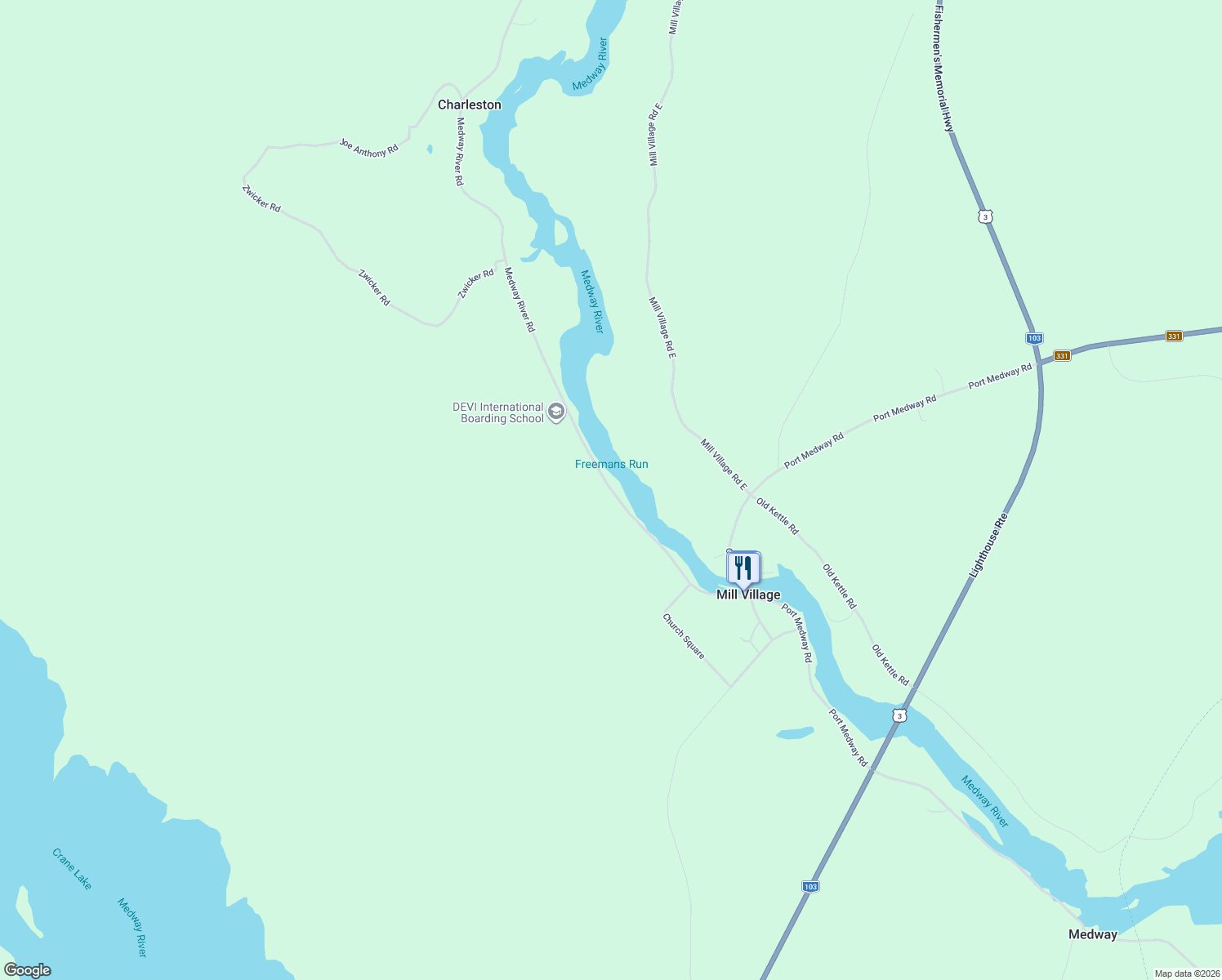 map of restaurants, bars, coffee shops, grocery stores, and more near 151 Medway River Road in Mill Village